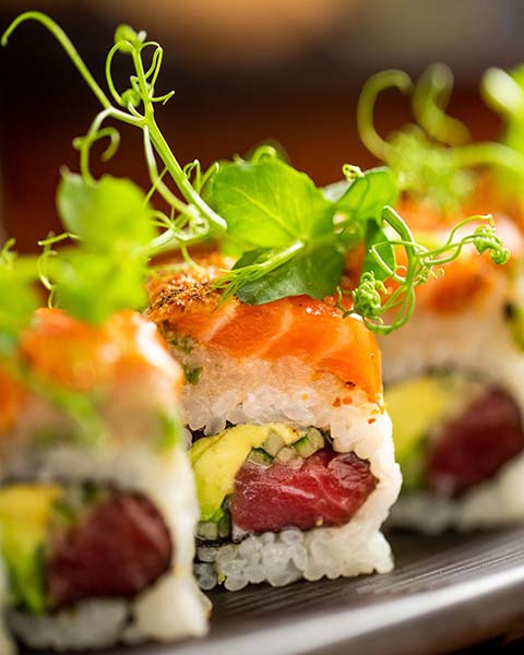 Closeup of a sushi roll at the Japanese restaurant Bushniwa in Brooklyn